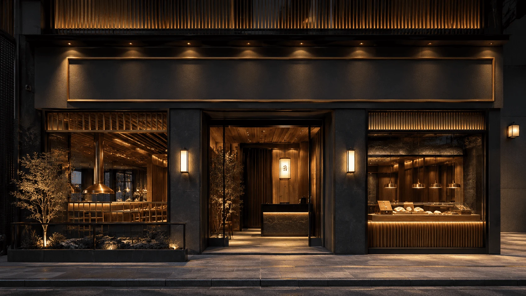 頤火燒肉店面外觀，深木與暖光入口