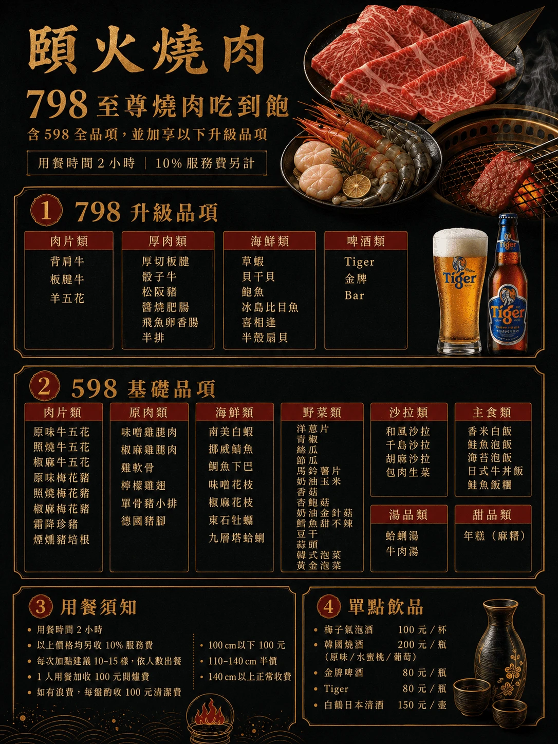 至尊燒肉菜單視覺海報，含人間全品項與升級肉品海鮮。